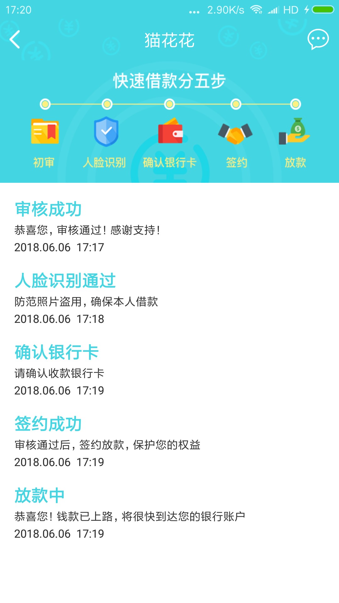 跟风猫花花。审核通过问下猫花花，下款的兄弟们。放款多长时间。

6 / 作者:13451263232 / 