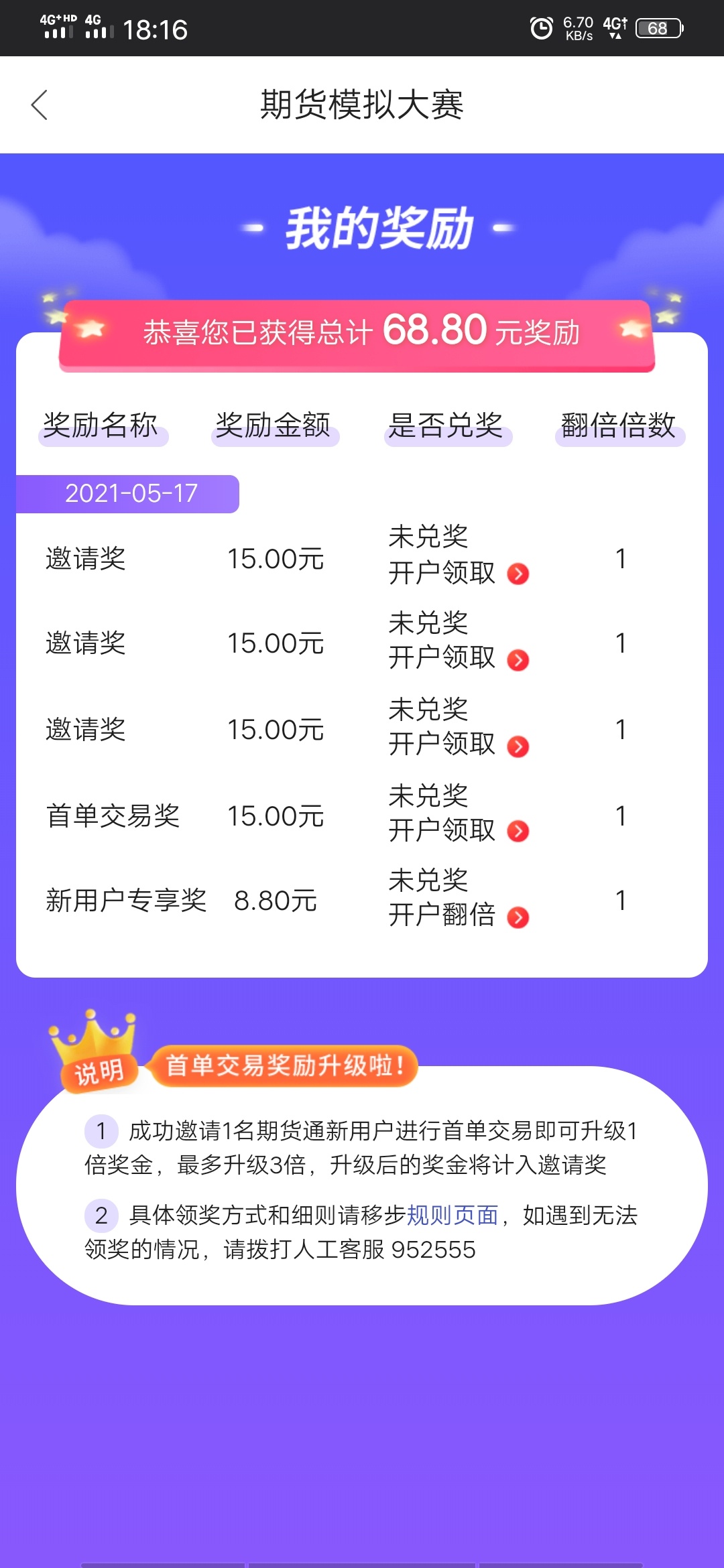 以前开有期货账户了，在那里登录兑奖啊！点我的奖励兑奖又跳到国联叫开户。

45 / 作者:天天挨饿 / 