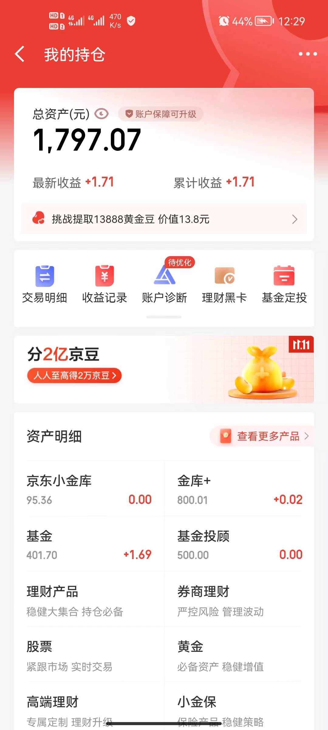 老哥们，大毛啊，京东金融领各种理财基金优惠券买基金，本金1700  撸了快100毛了全部99 / 作者:黄大仙11 / 