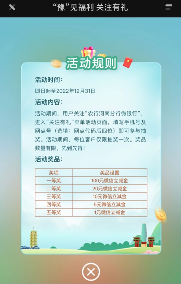 用户关注:农行河南分行微银行，进入“关注有礼”菜单活动页面，填写手机号及网点号(选95 / 作者:晚晚风风 / 
