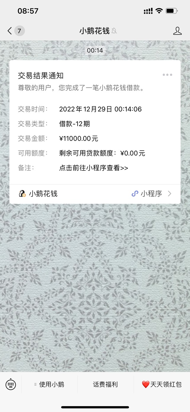 小鹅花钱下款了，本人网商贷逾期了4天，昨天晚上小鹅花钱冻结了1万1的额度，最近查询94 / 作者:liucjeng888 / 