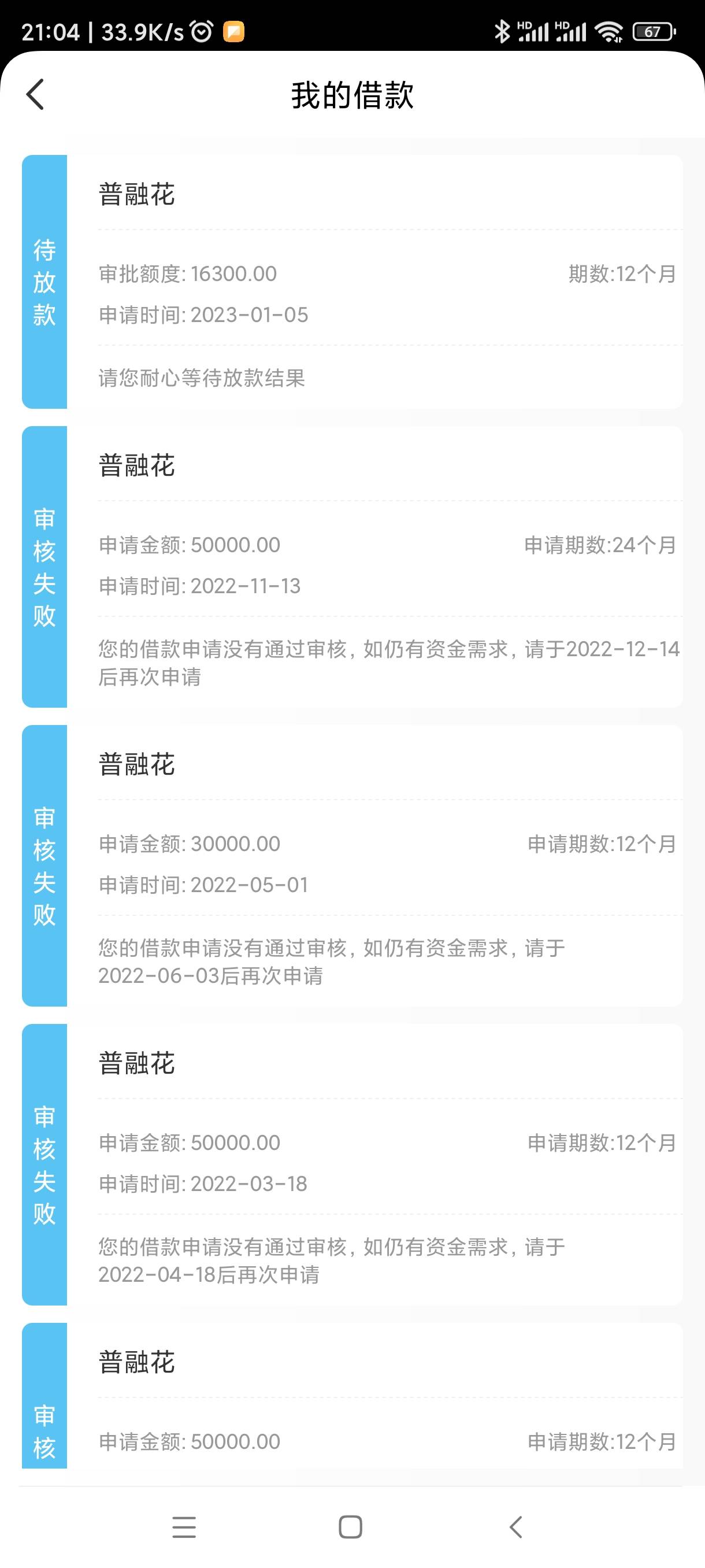 刚看了首页的普融花，就想去试试，结果秒批。5分钟不到就到账了！看了下申请记录，全63 / 作者:lesliex13 / 