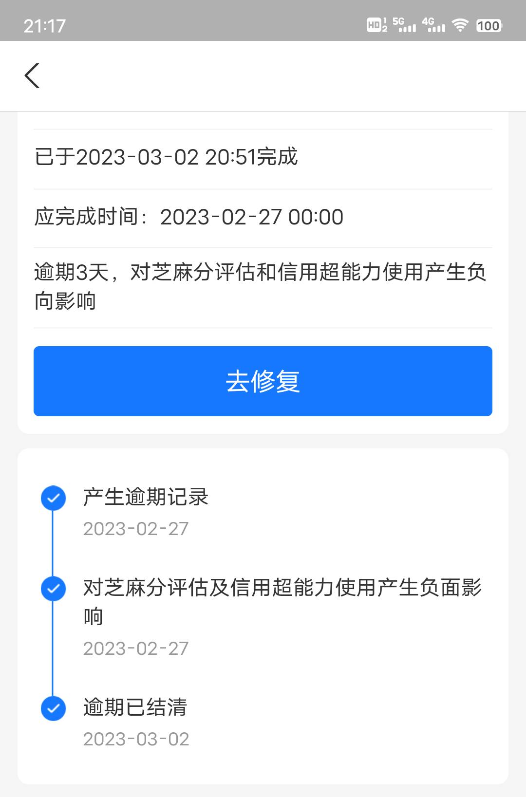 借呗逾期5天，芝麻分628分降到553分，现在还了，有啥办法能恢复到628？
54 / 作者:章北海。 / 