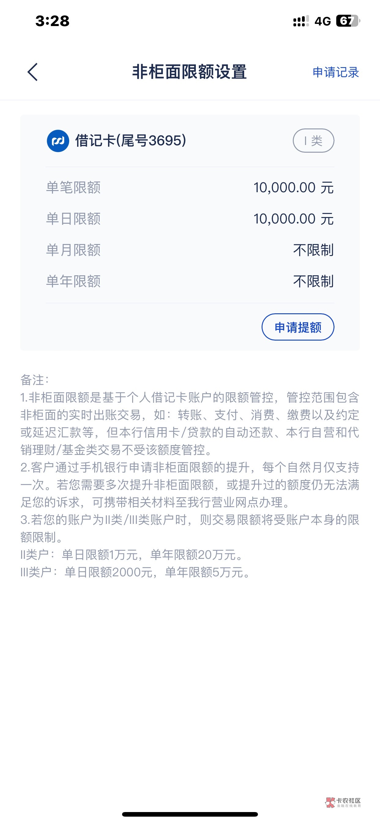 猴子太恶心了，开卡不存钱就限额3千，定期存1千就给你1万限额！不过服务态度非常好，77 / 作者:哈哈大爷 / 