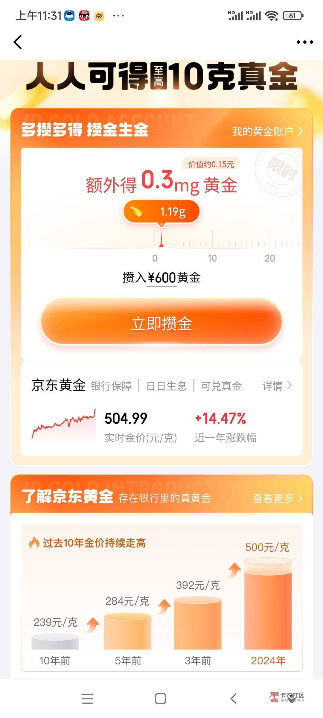 京东金融APP 横幅 人人至高得10g黄金，买600元黄金 送20元 马上卖出手续费2，秒撸18元94 / 作者:搞钱！ / 