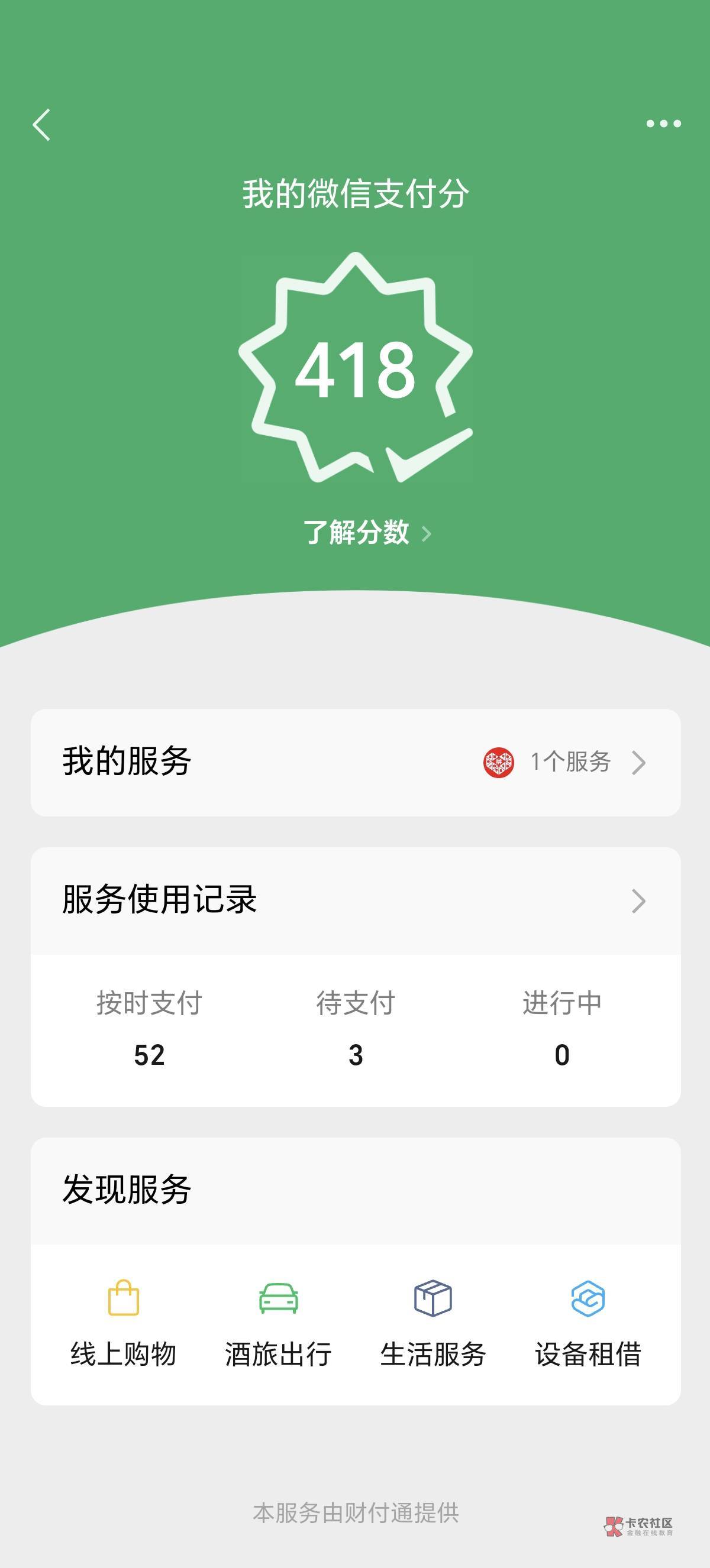 刚刚开通分付，另外一个微信拼多多先用后付欠700多，微信分418分，我本人征信黑过鬼，73 / 作者:一个月1 / 