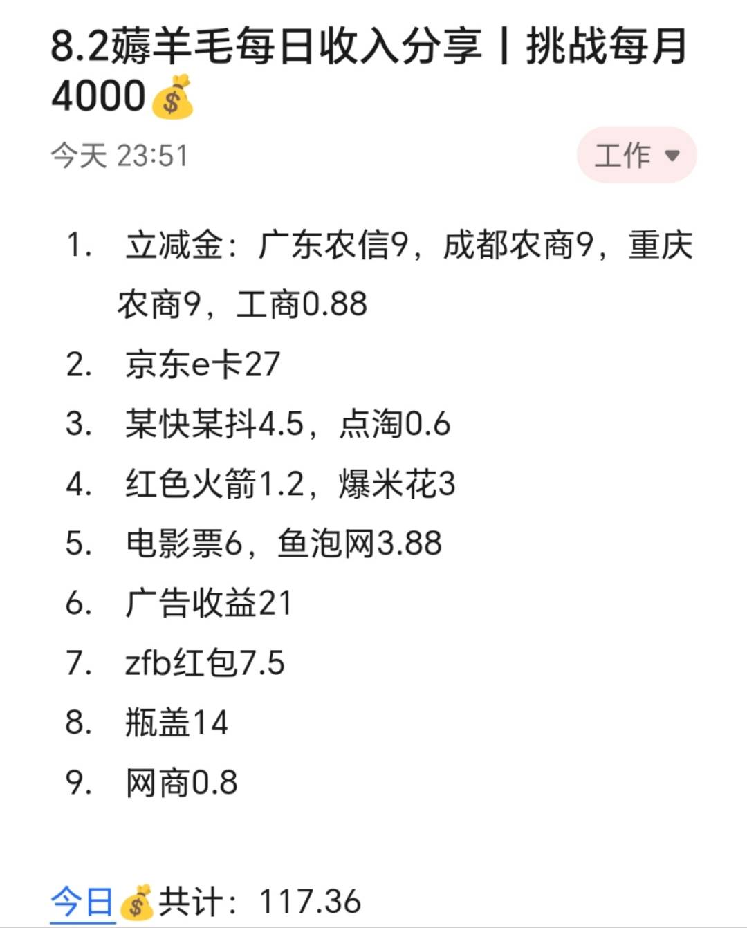 8.2薅羊毛每日收入分享丨挑战每月4000​​​​
​
​今天8.2赚了120左右，继续努力，100 / 作者:张白天 / 