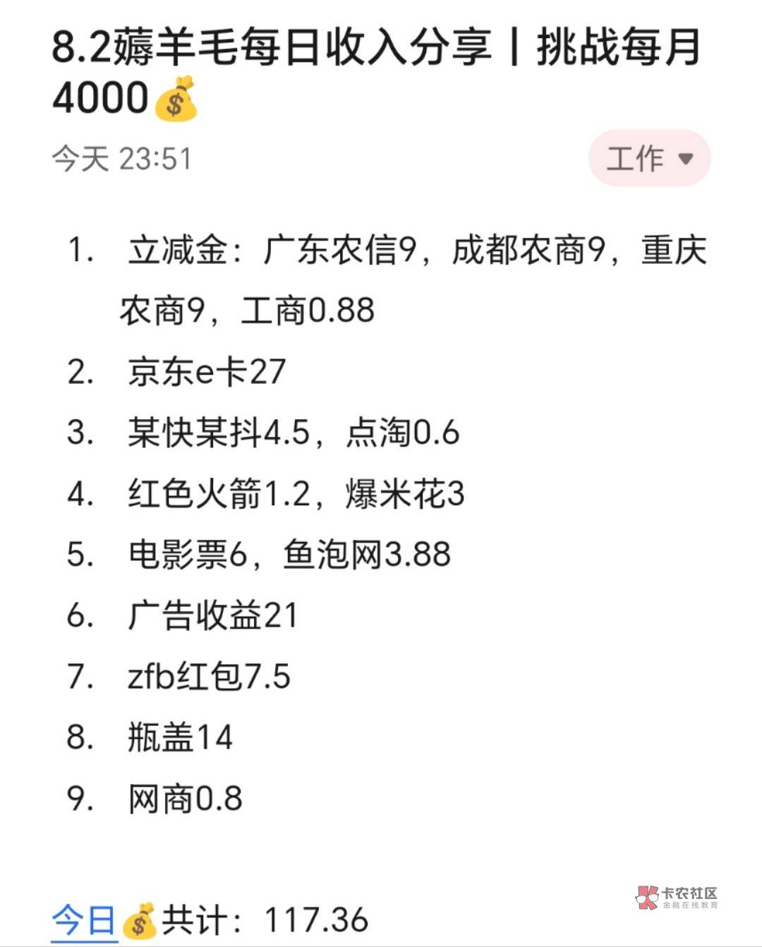 8.2薅羊毛每日收入分享丨挑战每月4000​​​​
​
​今天8.2赚了120左右，继续努力，98 / 作者:张白天 / 