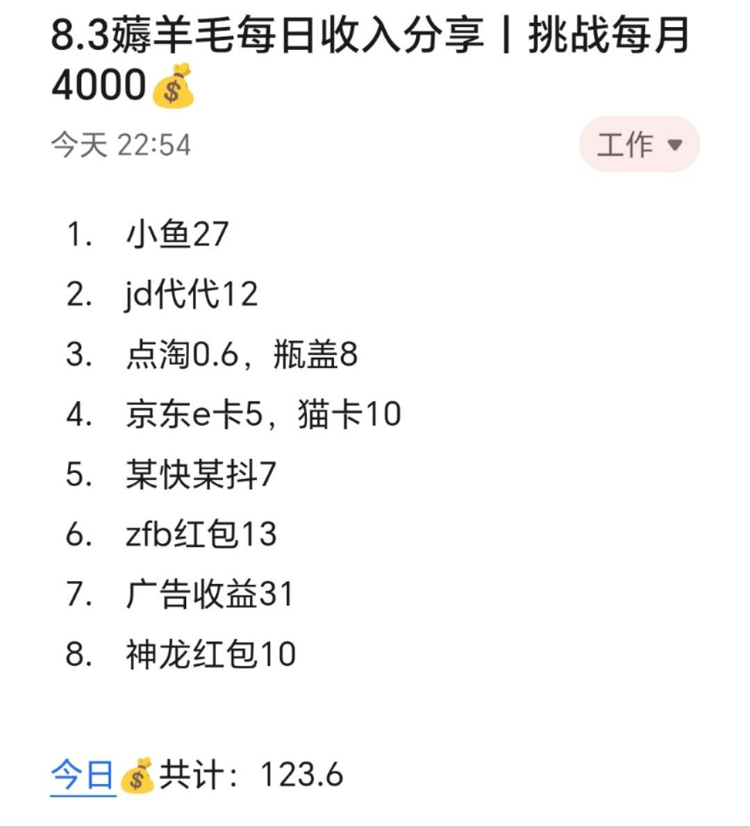 8.3薅羊毛每日收入分享丨挑战每月4000​​​​
​
​今天赚了120+，近期心情有点压抑95 / 作者:张白天 / 