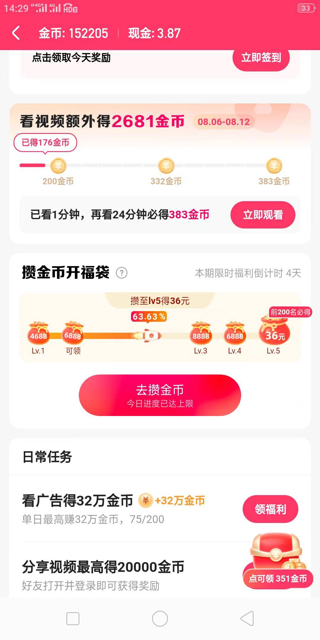 格式化手机以后，快手极速爱采购连续2天都是满包，但是进度75个以后金币就开始衰减了
31 / 作者:xzxz2019 / 