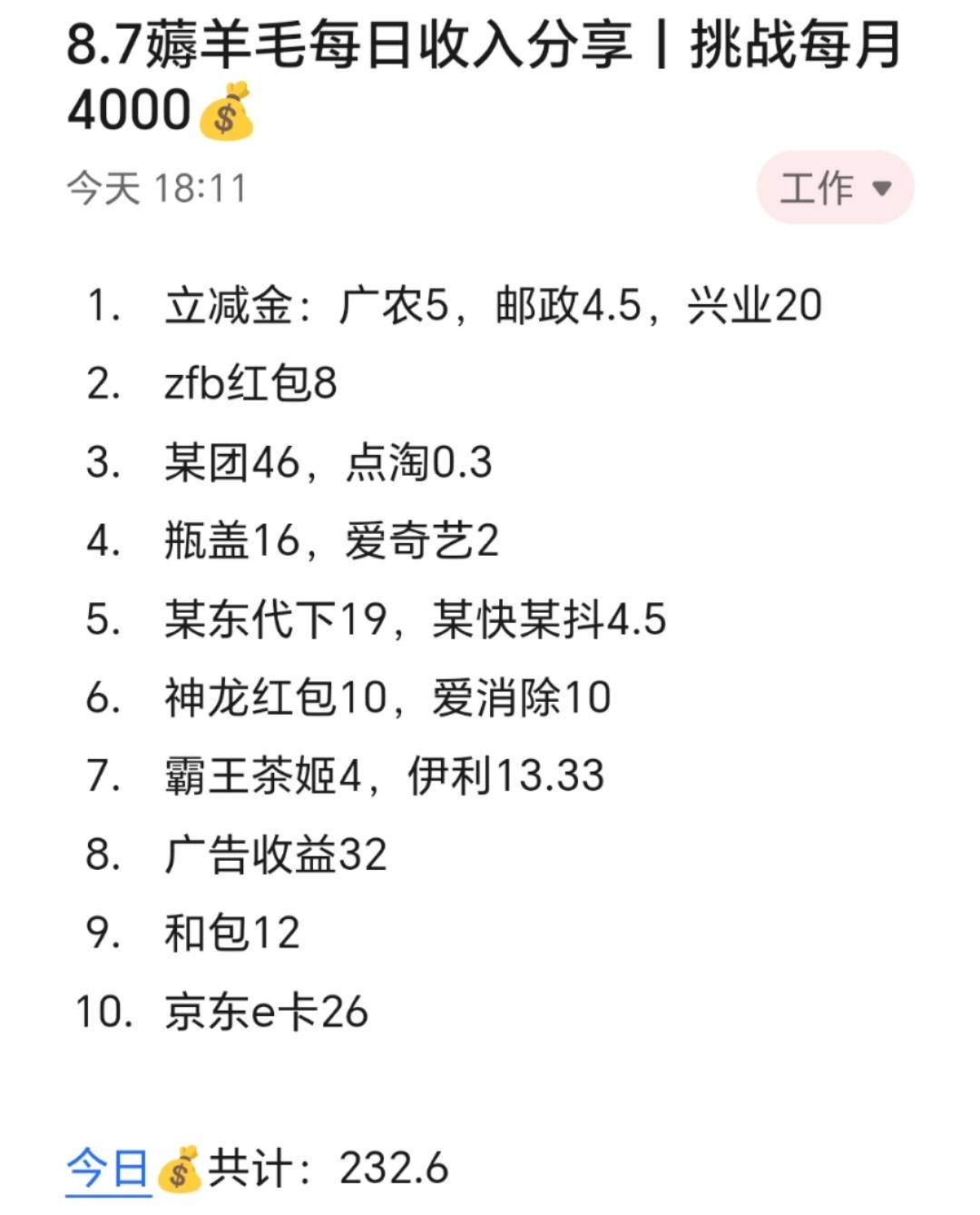 8.7薅羊毛每日收入分享丨挑战每月4000

今天赚了230+，八月份第一次突破200，今天由于34 / 作者:张白天 / 