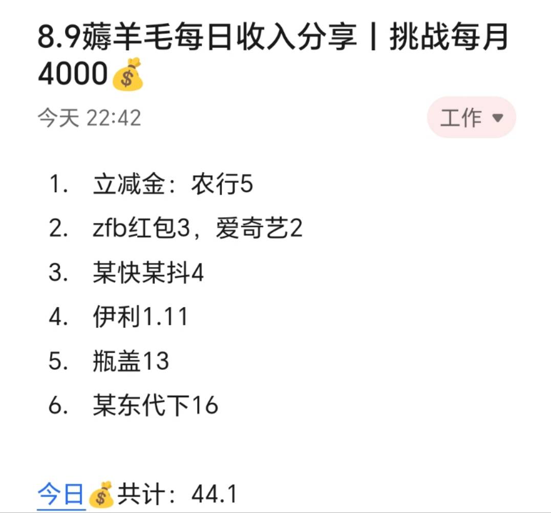 8.9薅羊毛每日收入分享丨挑战每月4000

今天赚了44，由于在忙其他的所以没空薅羊毛，65 / 作者:张白天 / 