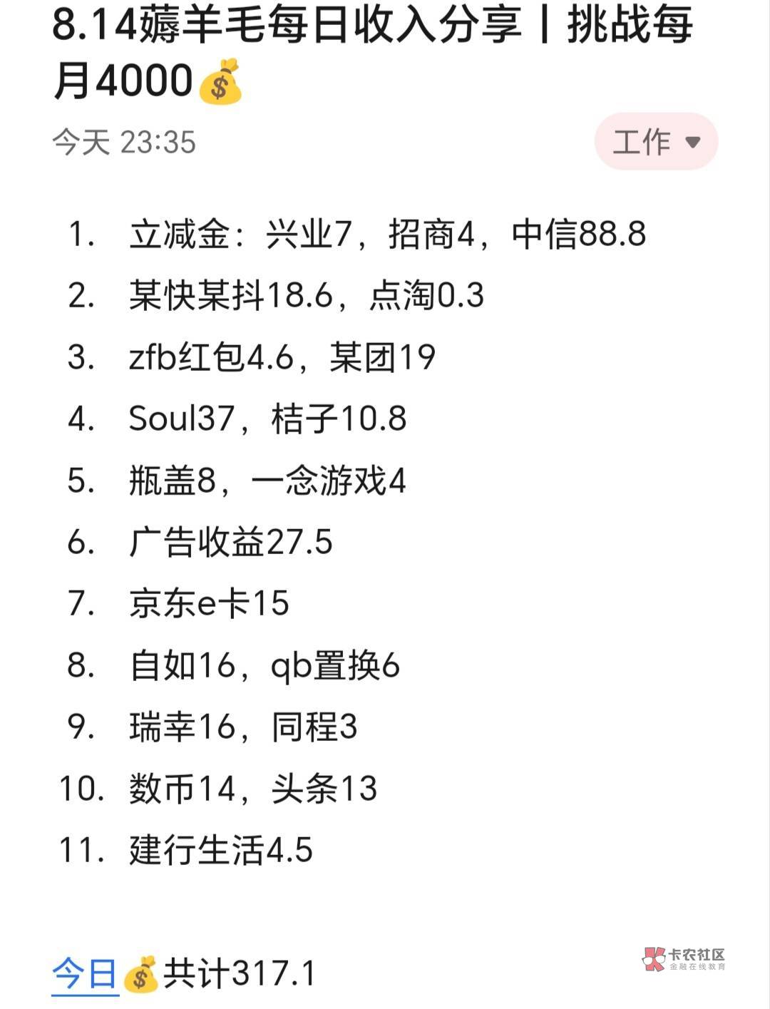 8.14薅羊毛每日收入分享丨挑战每月4000​​​​

今天赚了300+，薅羊毛除了应该拉满新88 / 作者:张白天 / 