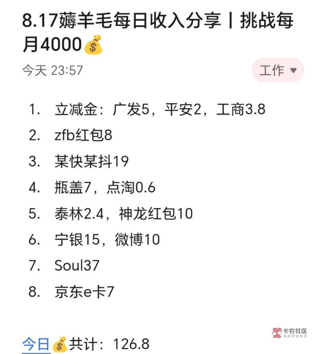 8.17薅羊毛每日收入分享丨挑战每月4000​​​​
​
​今天赚了120+，尼采曾言一个人如47 / 作者:张白天 / 