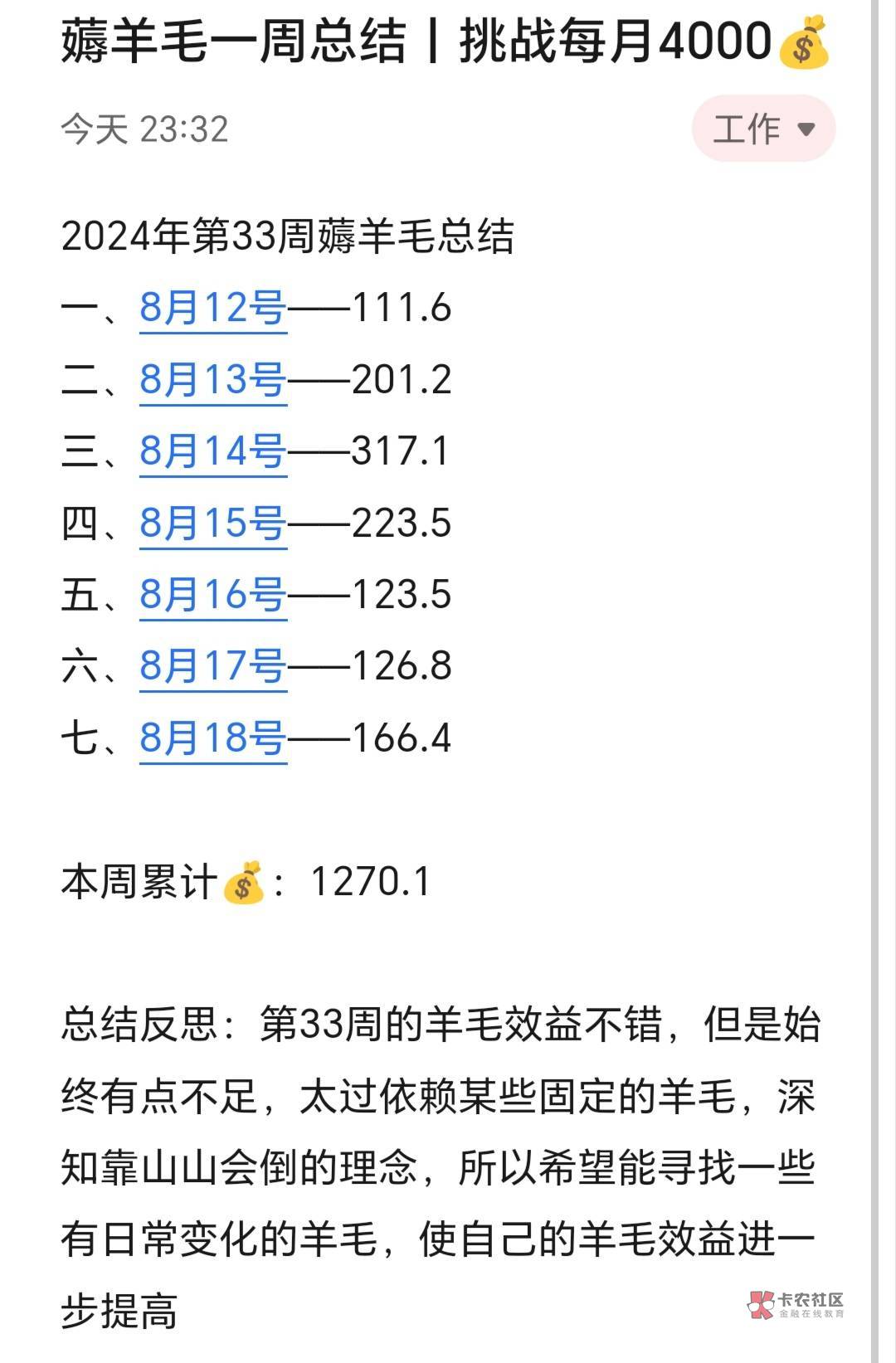 薅羊毛一周总结丨挑战每月4000

第33周总共赚了1270，这个结果对于我的预期不上不下。49 / 作者:张白天 / 