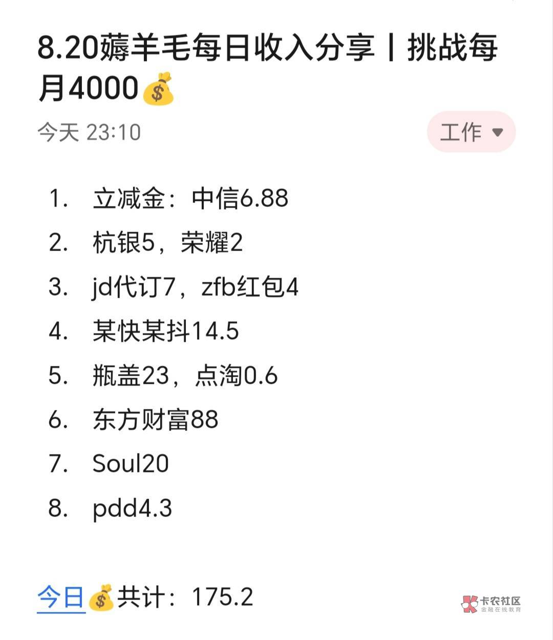 8.20薅羊毛每日收入分享丨挑战每月4000​​​​

今天赚了175.2，最近很喜欢喝橙C美式32 / 作者:张白天 / 