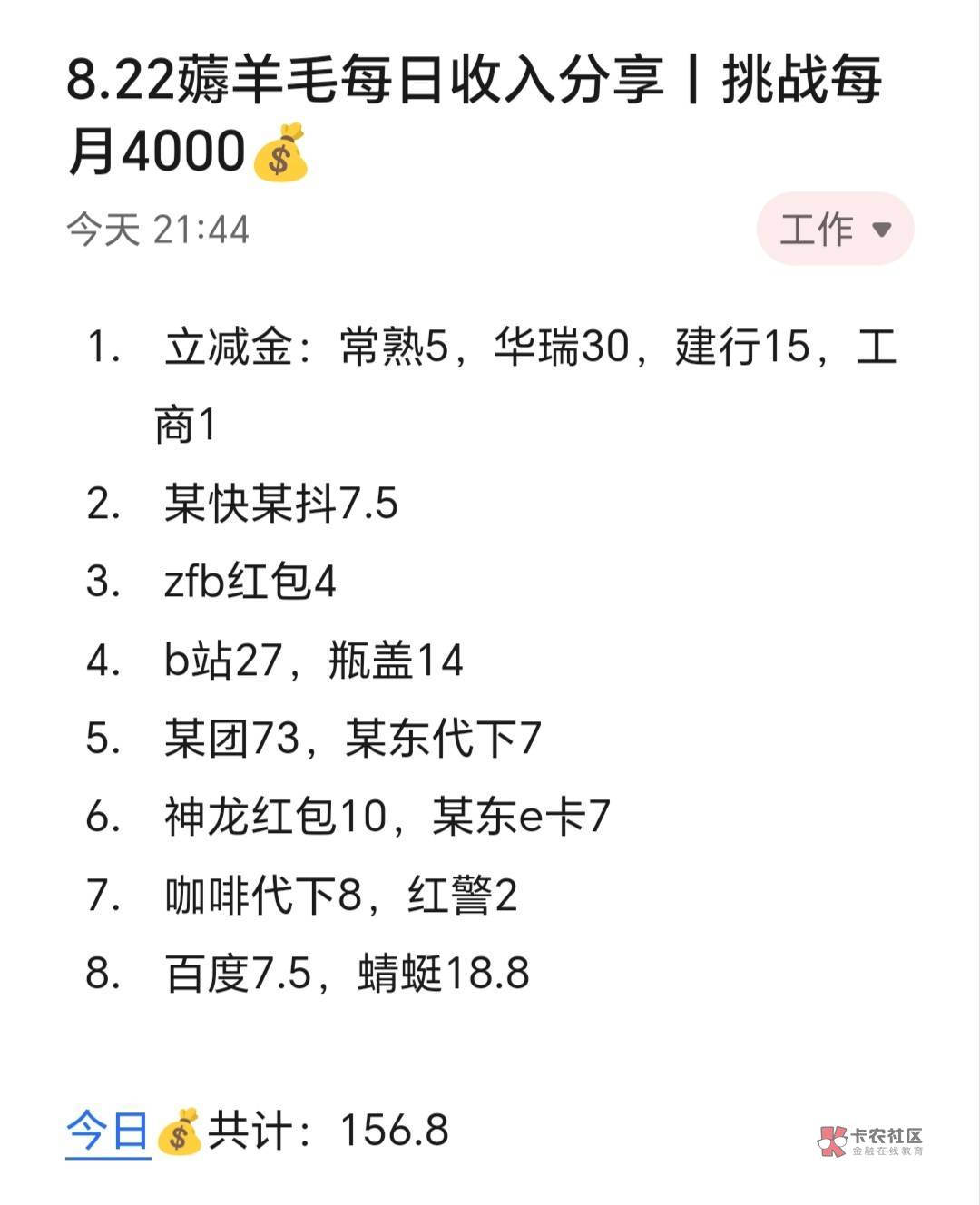 8.22薅羊毛每日收入分享丨挑战每月4000​​​​

今天赚了150+，今天其实没那么有空，14 / 作者:张白天 / 