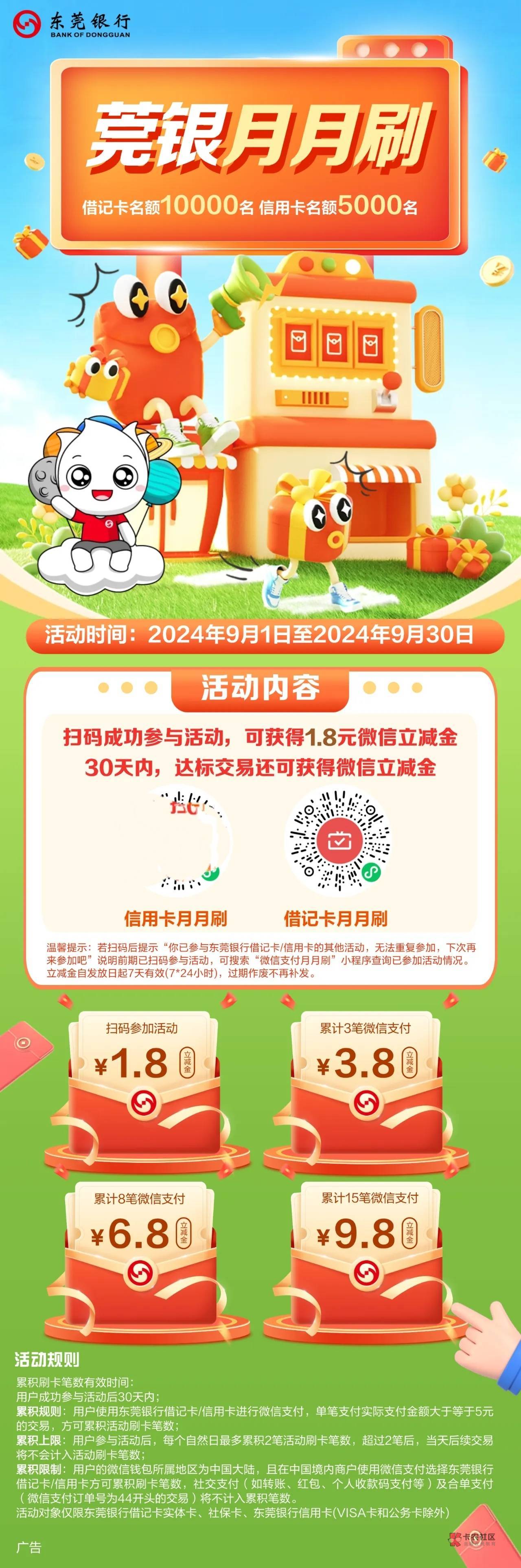 9月东莞银行月月刷22.22元立减金2409
微信钱包绑定东莞YHK，扫码参与开始时间未知（1059 / 作者:卡羊线报 / 