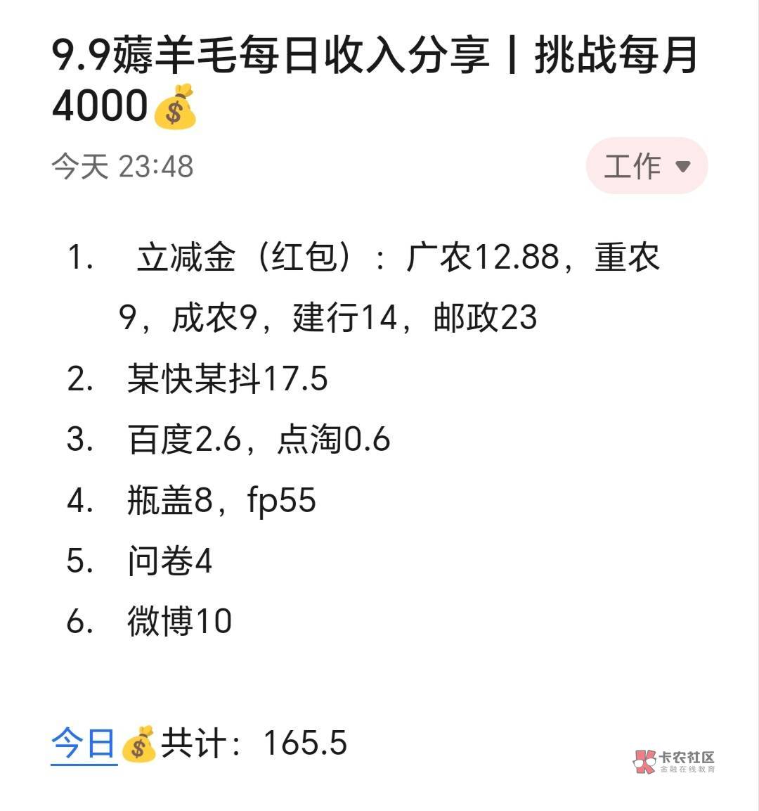 9.9薅羊毛每日收入分享丨挑战每月4000

今天赚了160+，由于近期一直在旅行，所以导致14 / 作者:张白天 / 