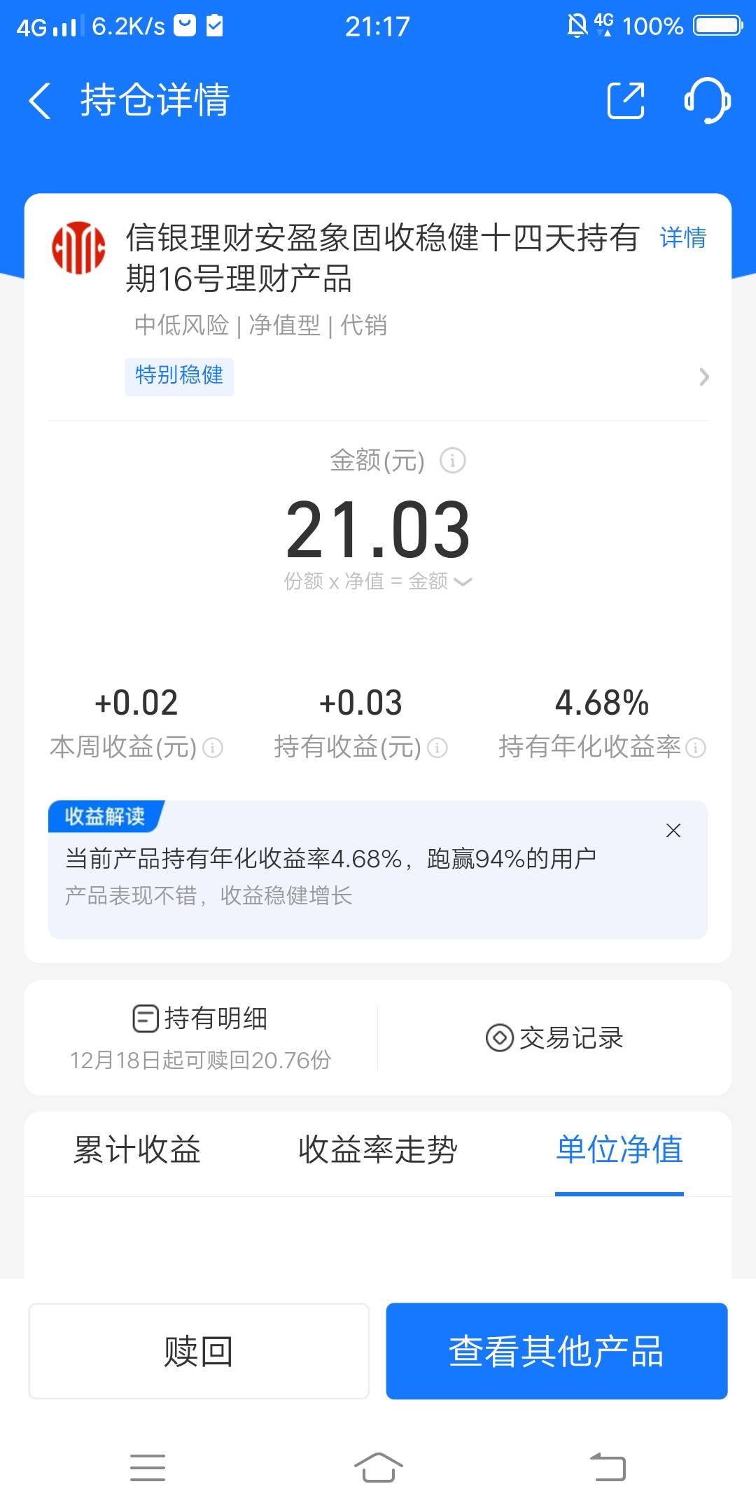 稳利宝送的18888体验金收益有21块，过几天天就能赎回了。

66 / 作者:嗯呢喃 / 