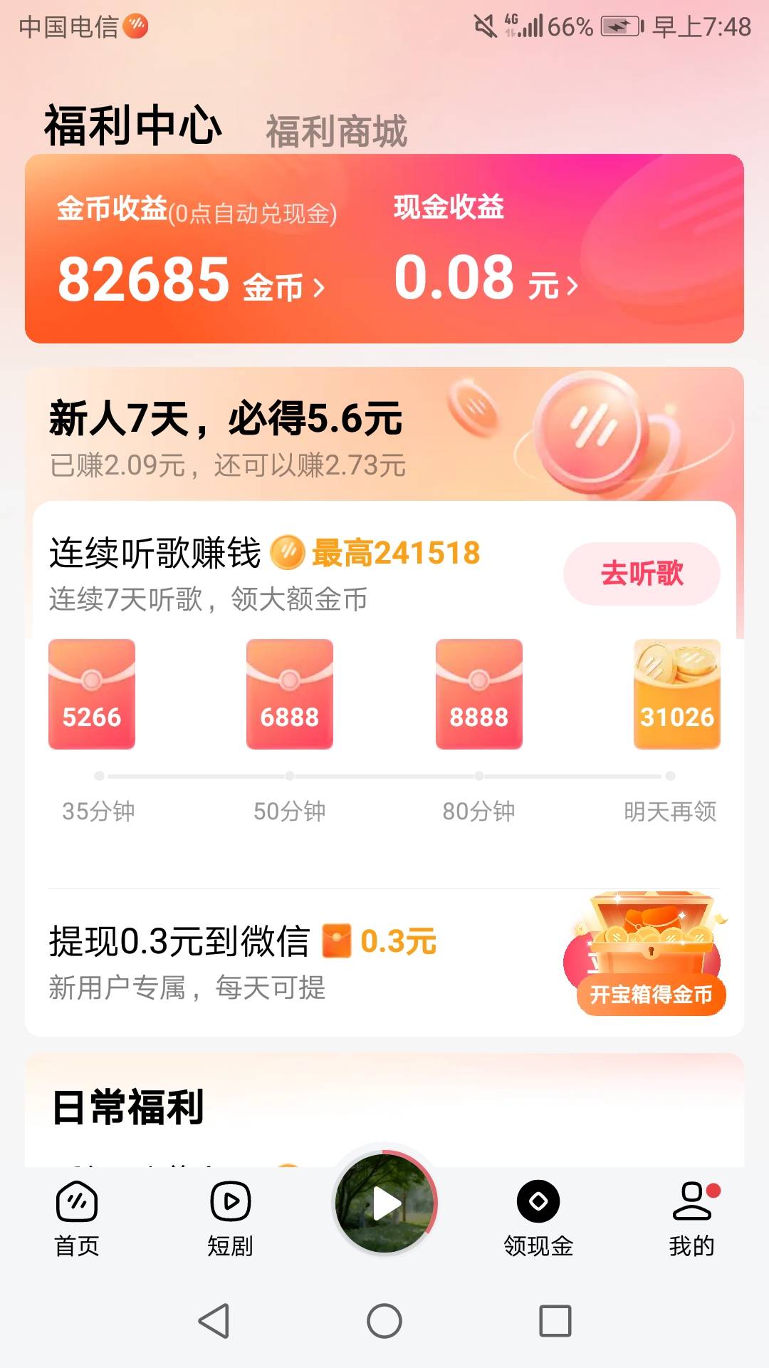 番茄音乐版，一个广告5000金币，相当于0.15元，还能连着看7-10个。我看看今天能看多少69 / 作者:六六师父父 / 