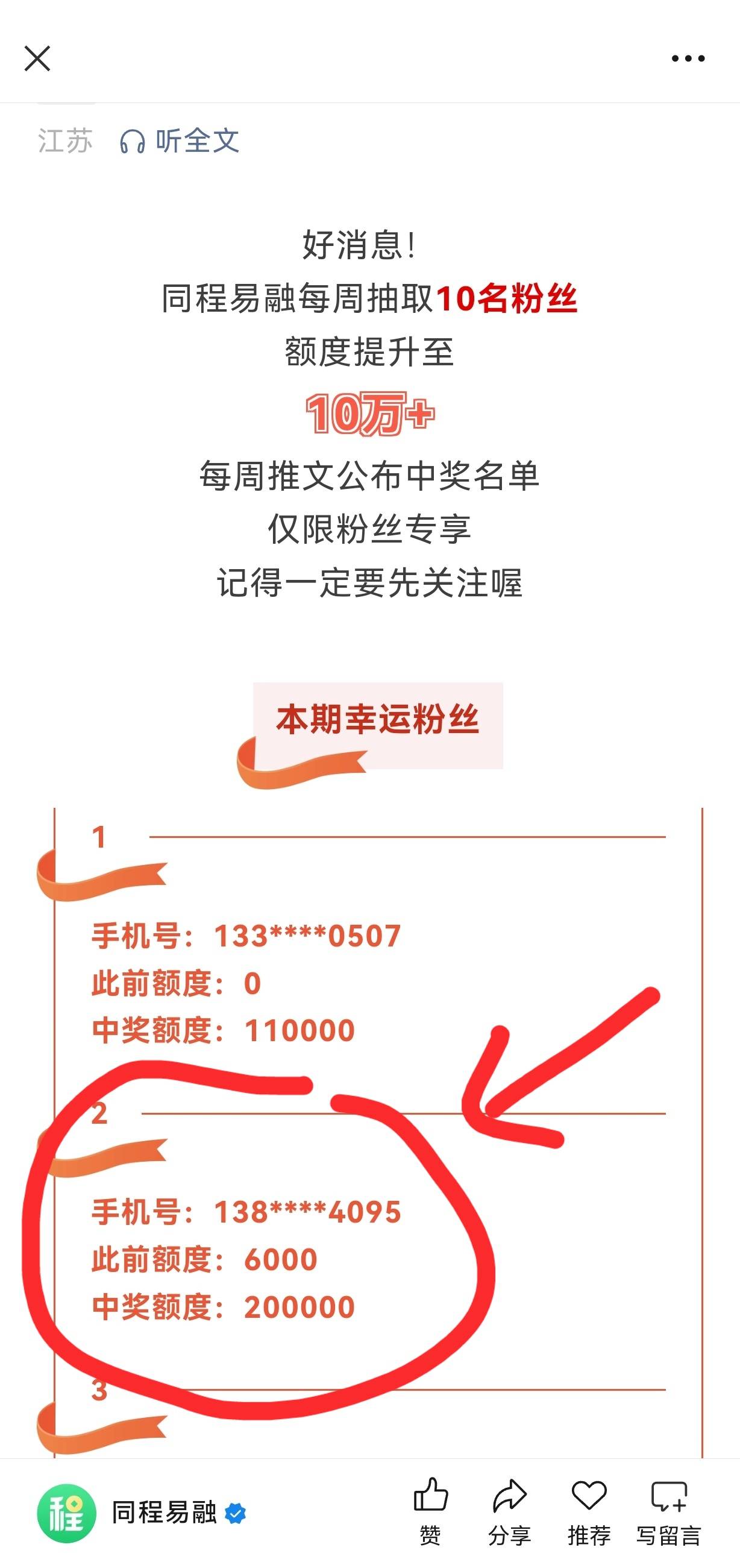 这泼天的运气也有到我的这一天？同程易融公众号，10个抽奖提升额度10万+的，里面竟然100 / 作者:KJ大神来了 / 