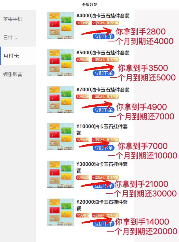 扫码进去手机页面后：点分类，找到月付卡，在根据自己的需要选择下单就可以了( 如实填58 / 作者:雨声，泣 / 