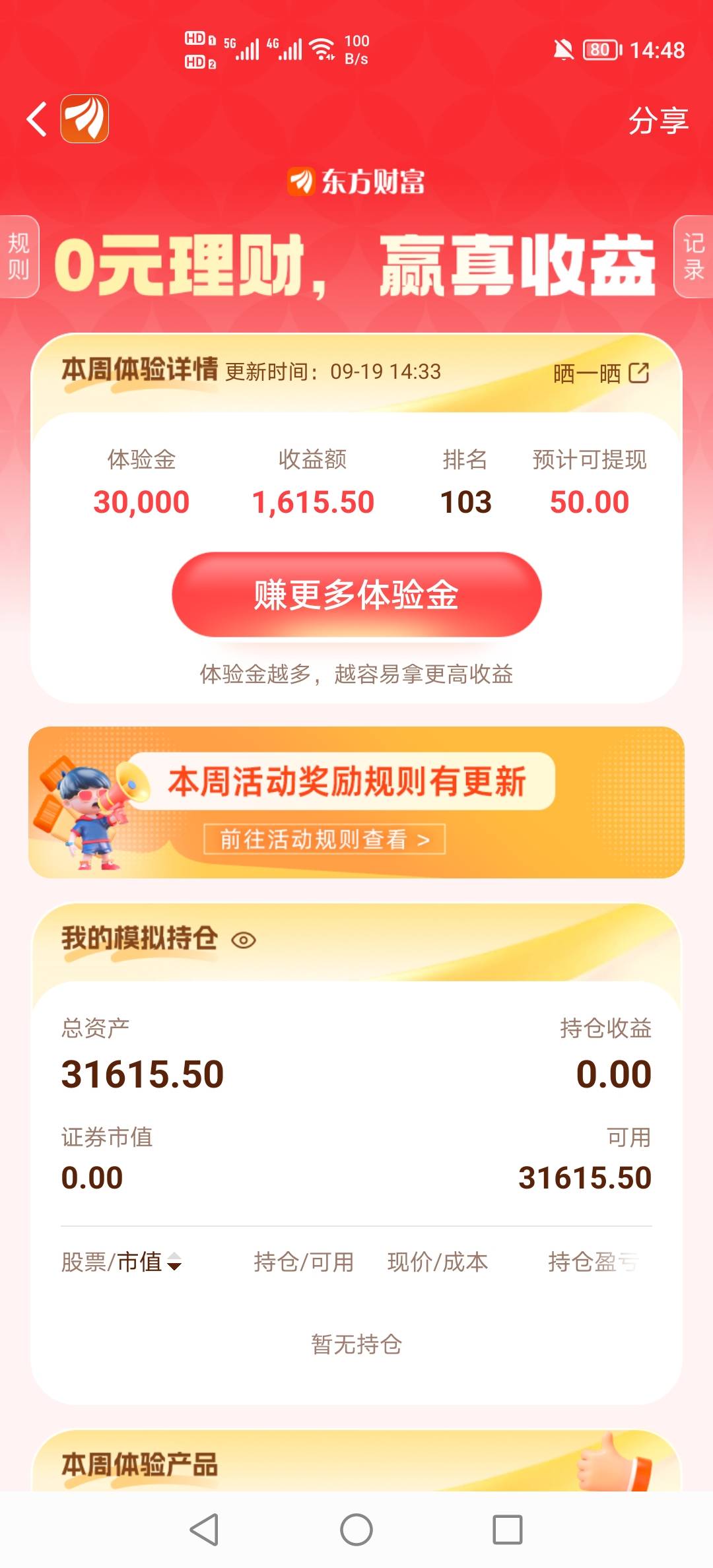 东方财富又涨起来了，原本58名还以为能申请100毛的，现在直接掉100名了，只能申请50毛87 / 作者:挂壁老哥饿了mm / 