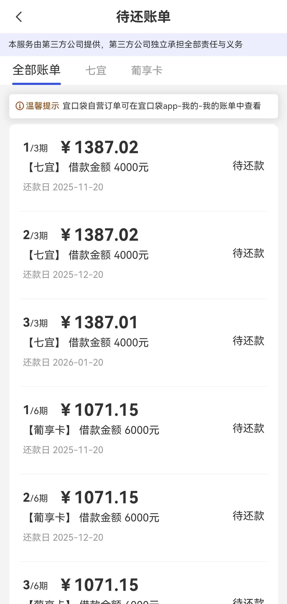 都到了，宜口袋第三方葡享卡下6000，只能6期(权益费499)，七宜下4000，只能三期(权益20 / 作者:江山君 / 