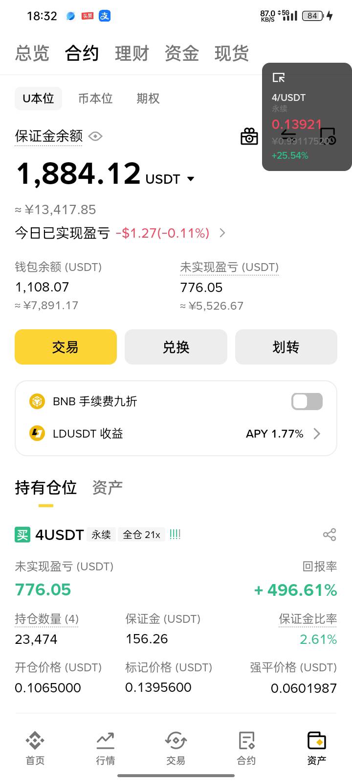 过山车一样  前天只剩3k  昨天盈利1100u没跑 半夜浮亏300u  现在又起飞了

84 / 作者:第一次玩 / 
