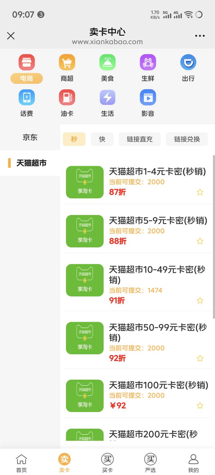 闲卡保的天猫超市卡，原本可提交3千多的，现在剩了1400了，八点半提交时2700估计得十90 / 作者:奥利给124 / 