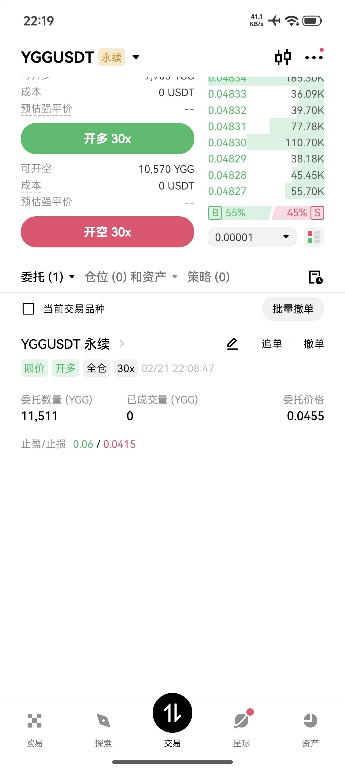 捡钱了，不懂的跟我就好，ygg十分钟12u，现在挂限价单0.045多，0.06止盈，止损0.041590 / 作者:FFC贰贰 / 