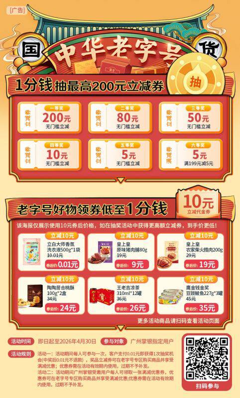 一分钱，不白花
老字号，领回家
❓是啥好物？抽了便知
戳图扫码碰运气
最高200元立减55 / 作者:交银施罗德基金 / 