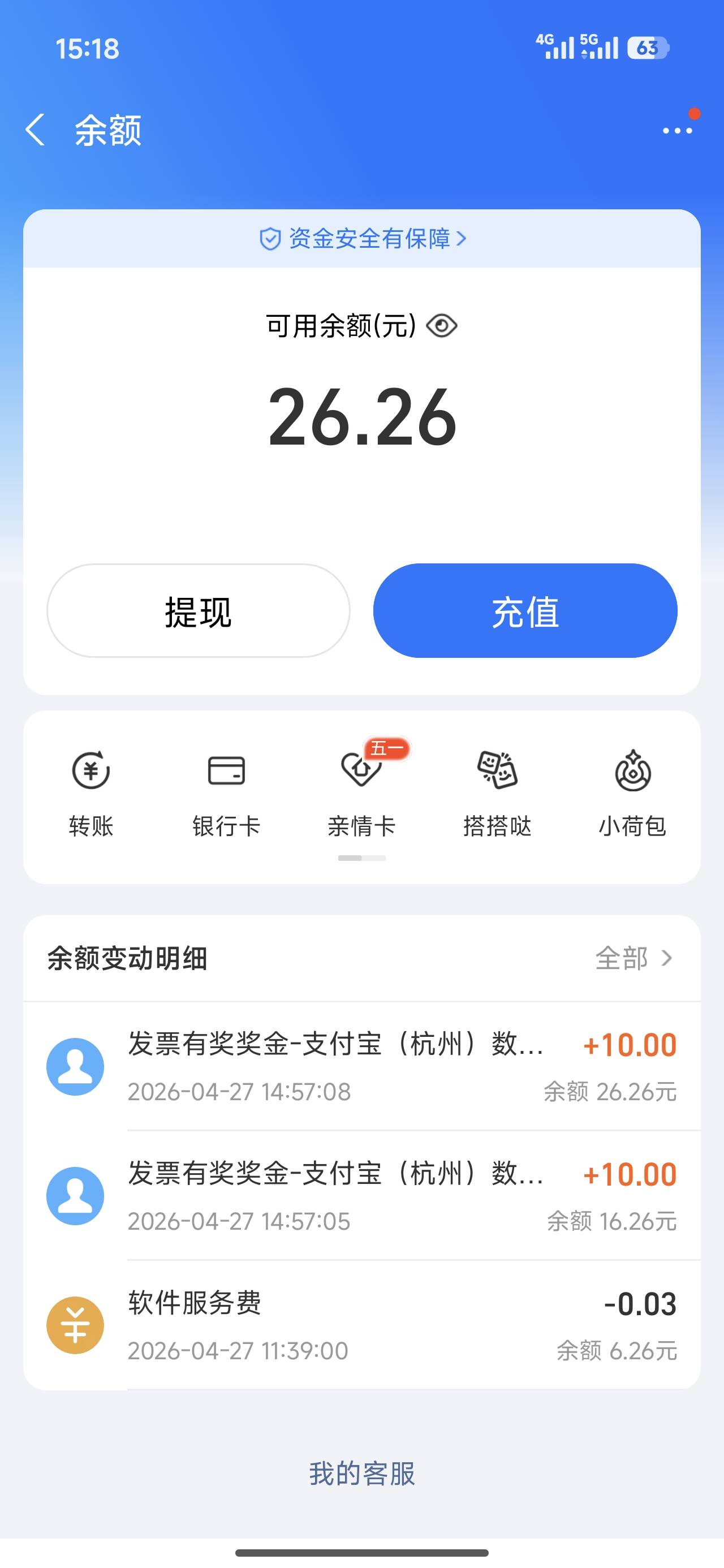支付宝发票退了也能到，虽然只有两个10毛，也不错

97 / 作者:努力、加油 / 