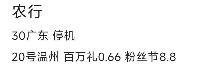 老哥们，农行这月就飞了一次，哈有啥地方不，有润就飞，要不次数浪费了

90 / 作者:gaga2 / 