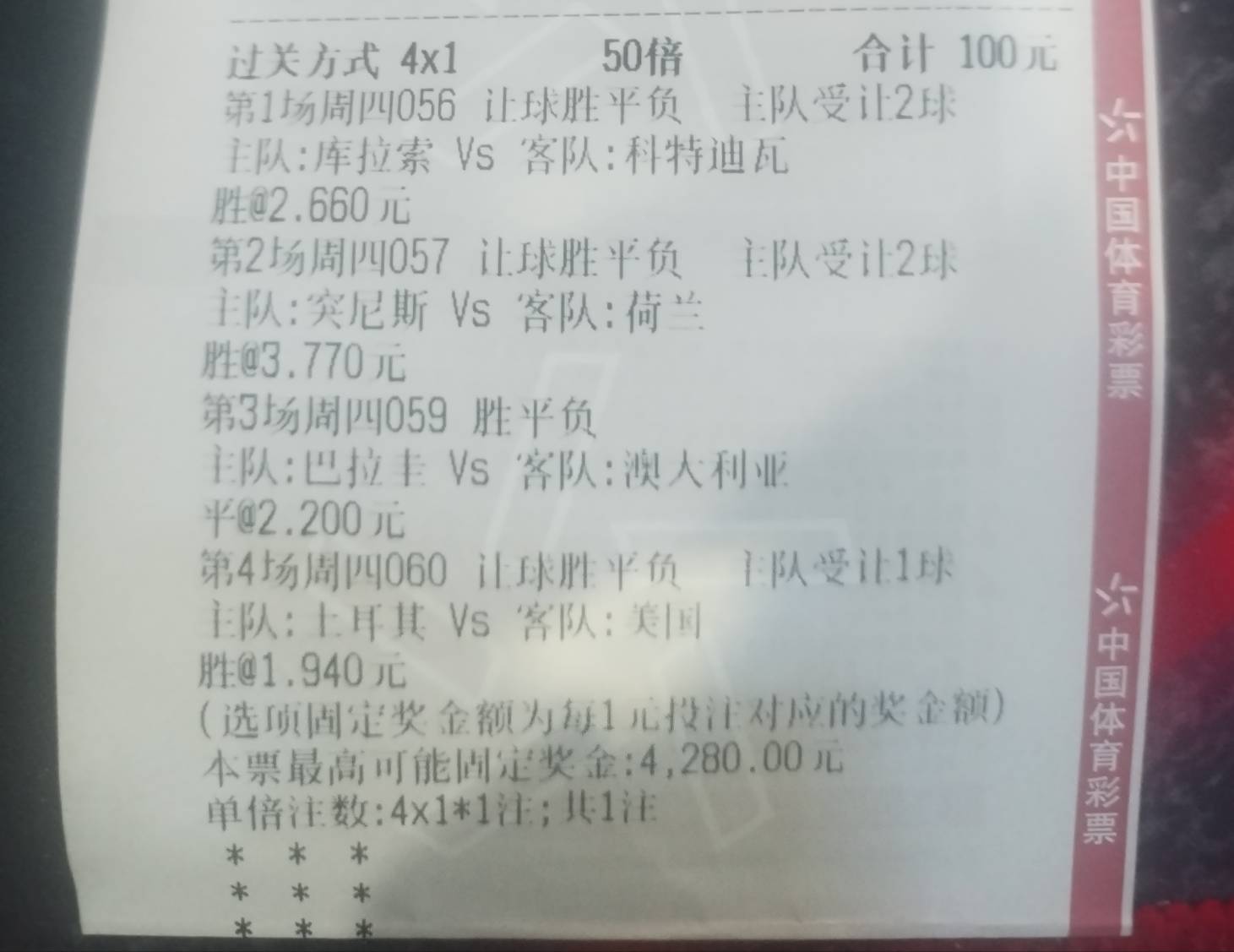 老哥们，花了200大洋去彩票店打了世界杯有没有希望


54 / 作者:苏城灬倾心 / 