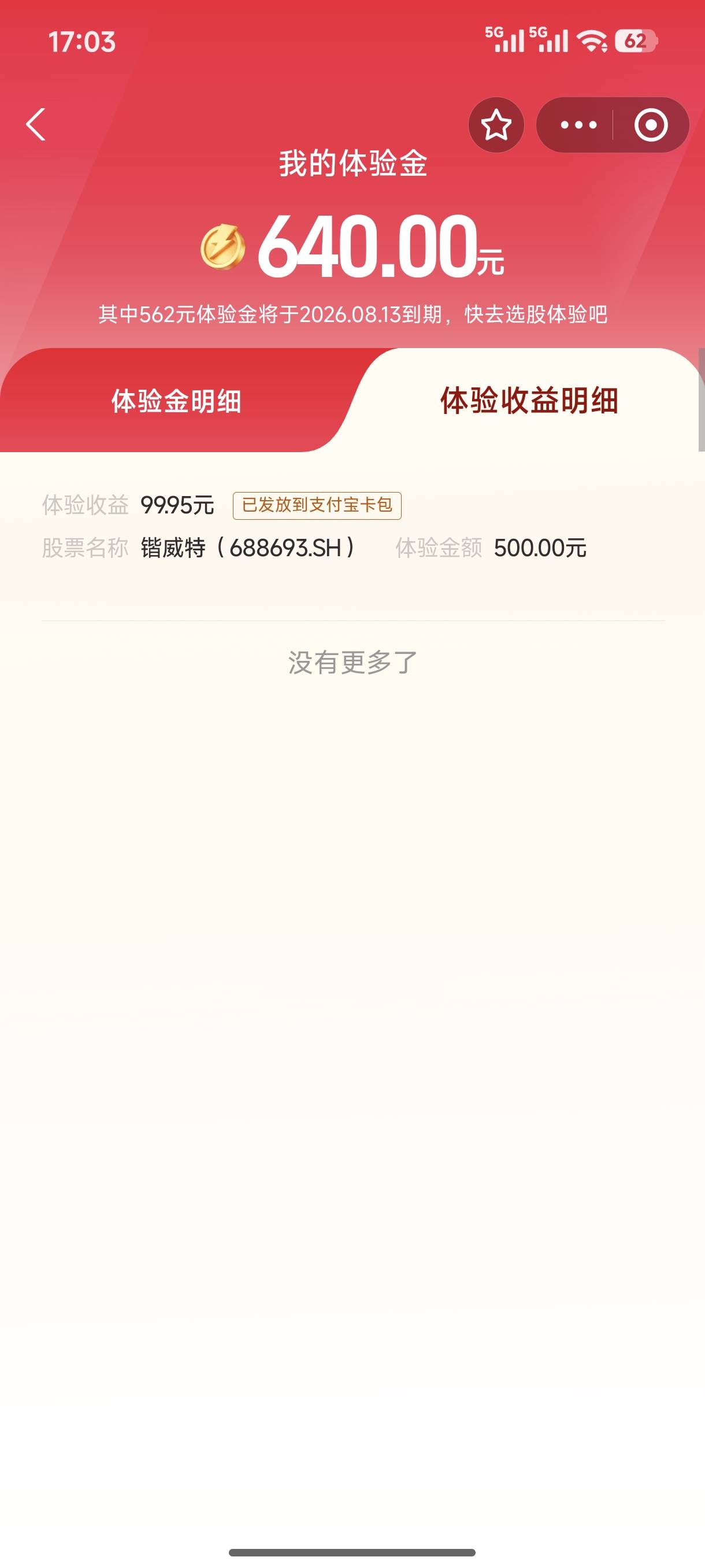 100毛到手，昨儿支付宝股票体验金做了任务送了两个500体验金随便买了一个，没想到今儿21 / 作者:迪奥先生 / 