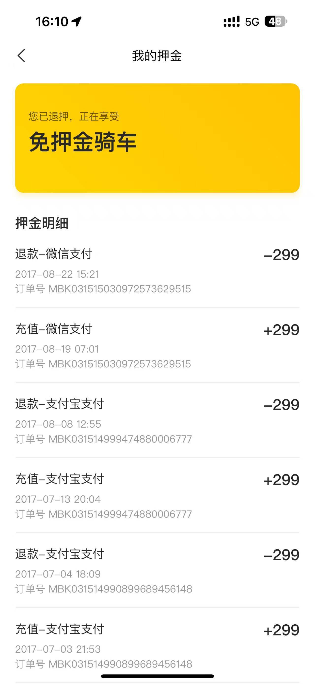 十年前ofo共享单车充押金的可以去退了 好像是299元
路径是
美团首页-更多服务-骑车-我40 / 作者:我说啥好呢 / 
