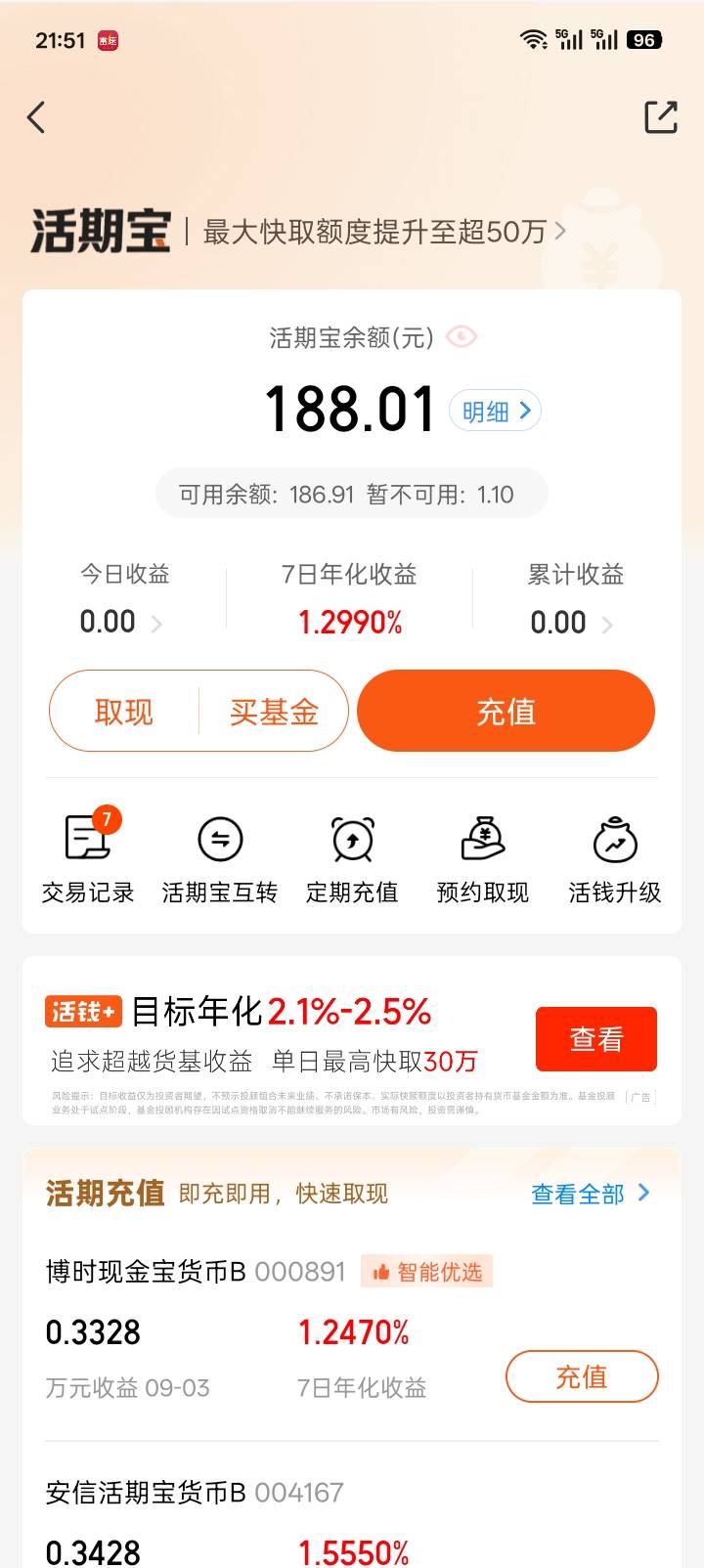 刚看了下天天基金卖出到活期宝可以提现了，两个66-6，6个10-8，没亏多少，也有54利润
47 / 作者:红透半边天 / 