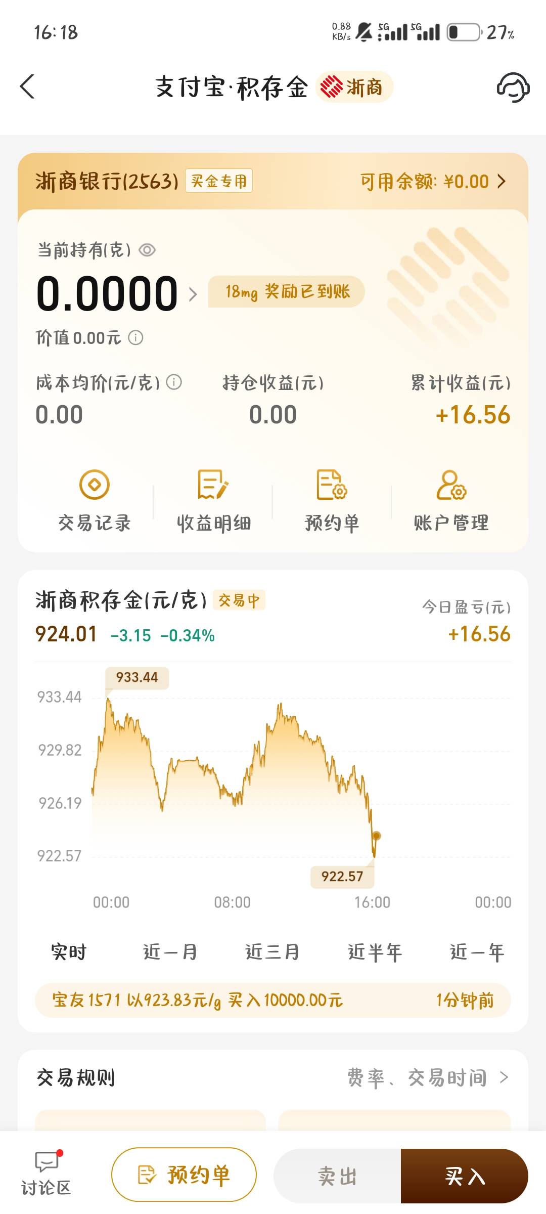 支付宝首页搜黄金开户送18mg可以卖十几块，我也是看老哥们的帖子搞得

44 / 作者:花有重开日， / 